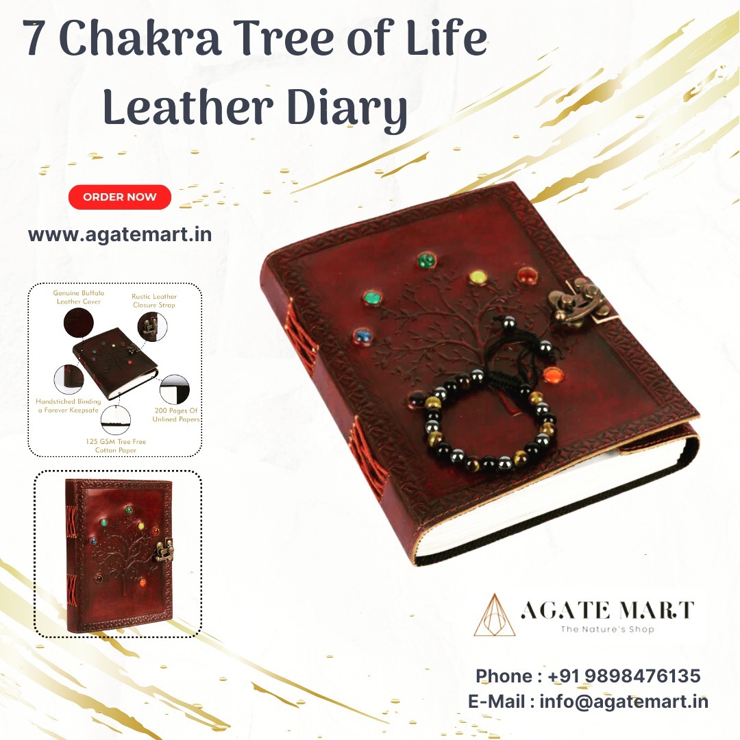 Instagram post with the caption: Agate Mart 7 Chakra Tree of Life Leather Diary - Handcrafted Wri...